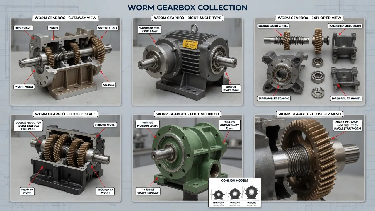 Worm gearbox driving industrial conveyor system in manufacturing facility